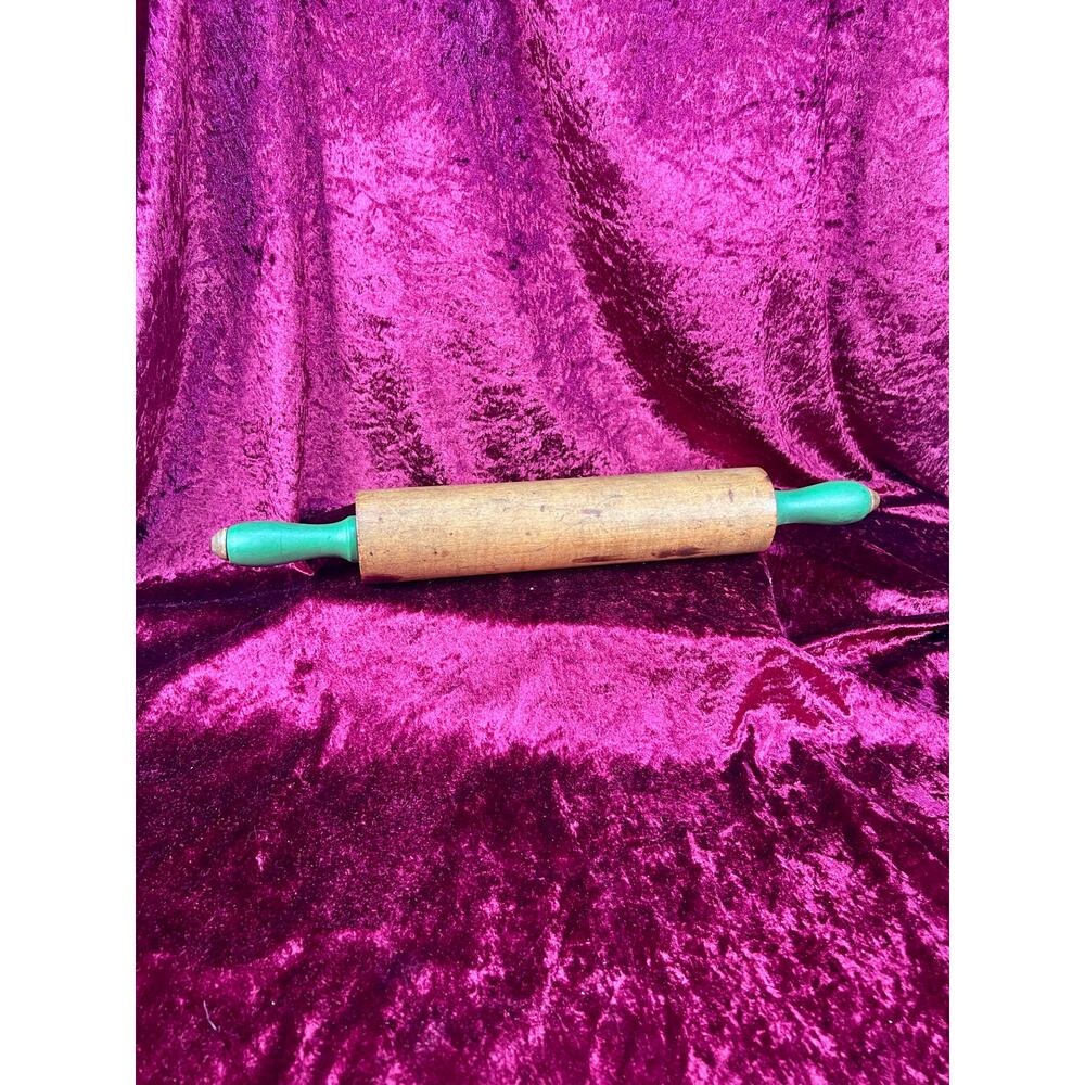 Vintage Kitchen Equipment - Wood Rolling Pin with Green Handles - Munising